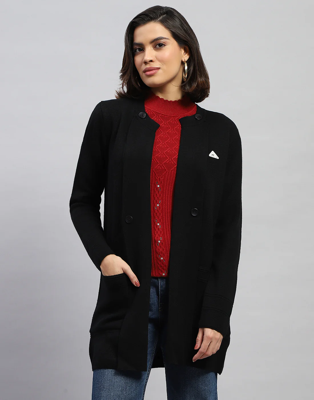 Women Black Self Design Round Neck Full Sleeve Cardigan - Image 2