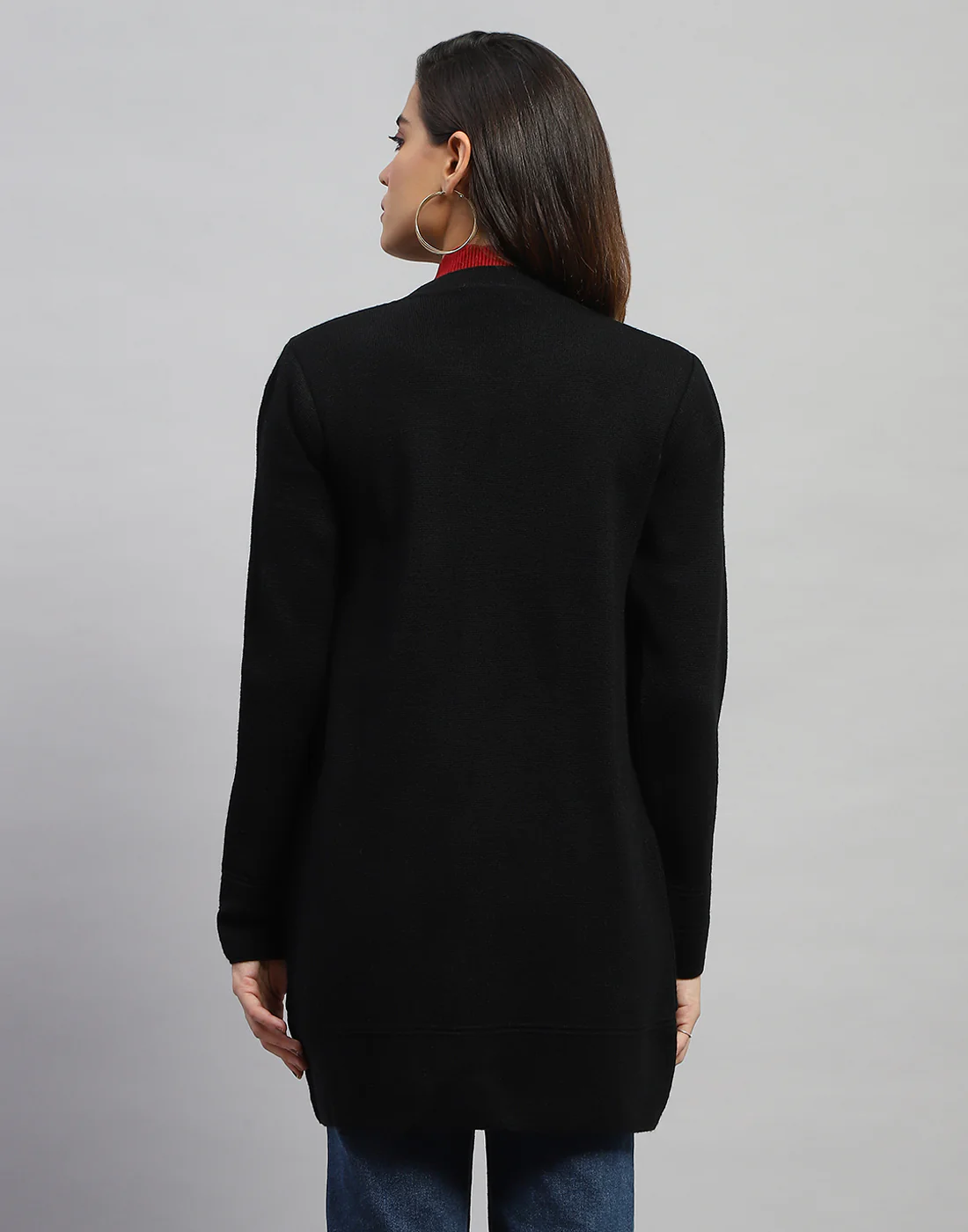 Women Black Self Design Round Neck Full Sleeve Cardigan - Image 5
