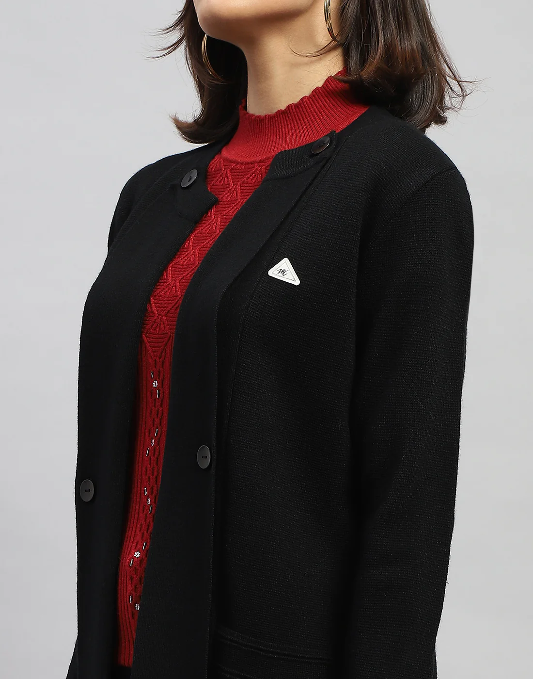 Women Black Self Design Round Neck Full Sleeve Cardigan - Image 6