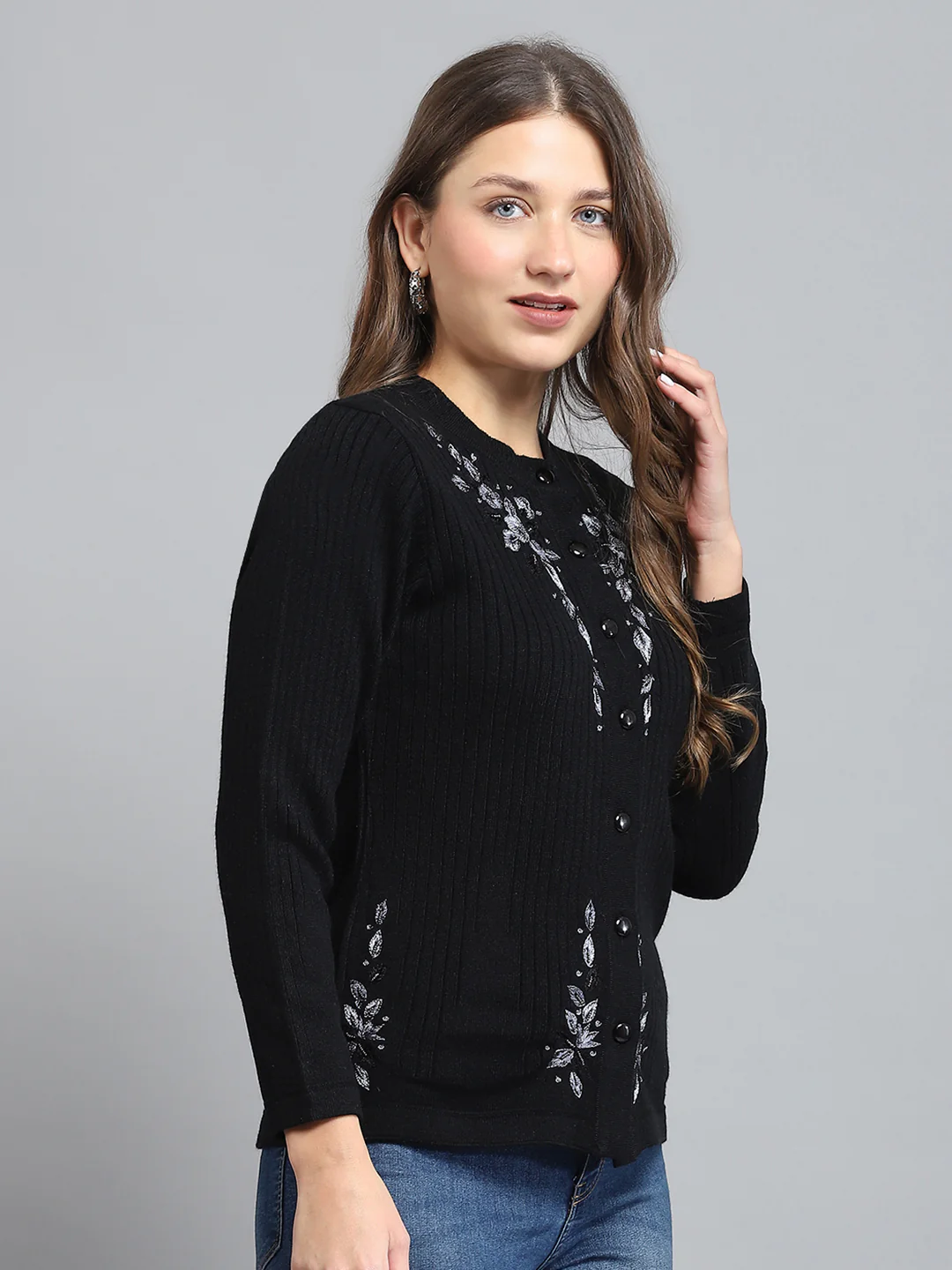 Women Black Self Design Round Neck Full Sleeve Cardigan - Image 4