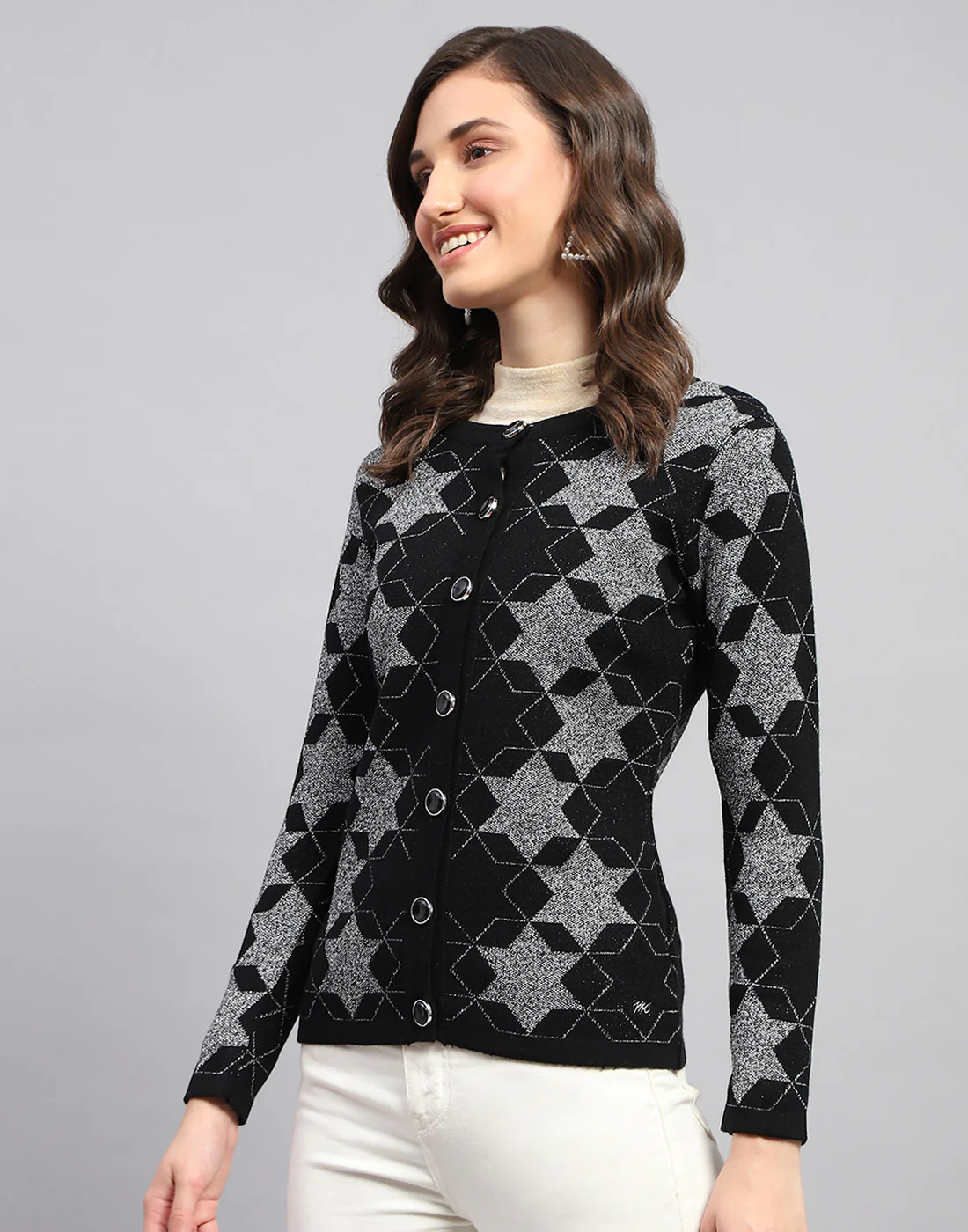 Women Black Self Design Round Neck Full Sleeve Cardigan - Image 3