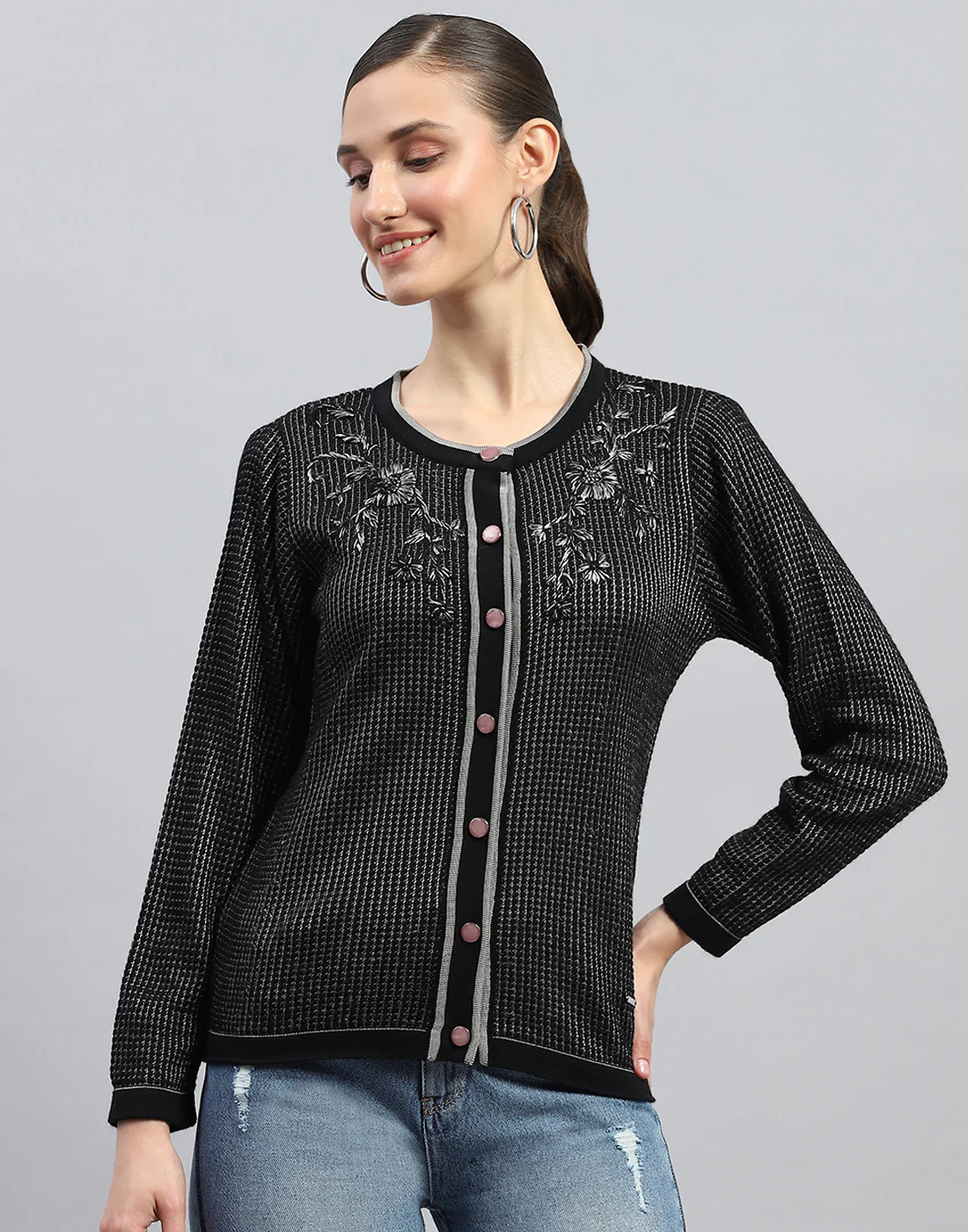 Women Black Self Design Round Neck Full Sleeve Cardigan - Image 2