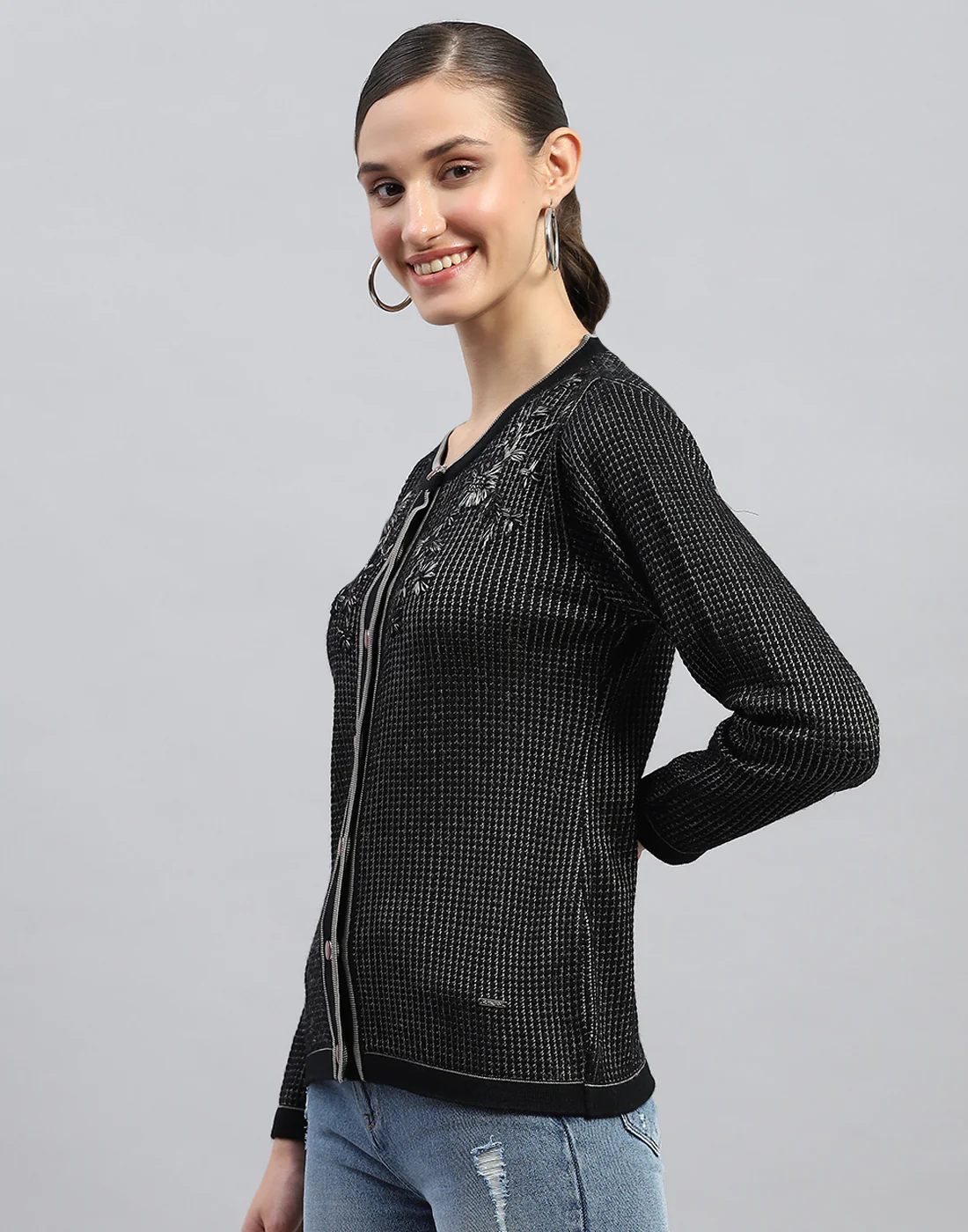 Women Black Self Design Round Neck Full Sleeve Cardigan - Image 3