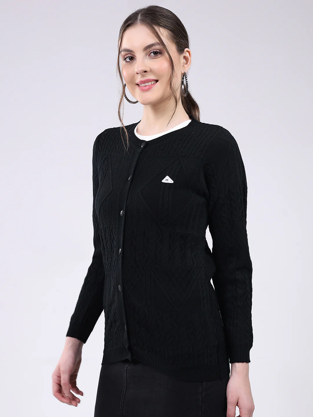 Women Black Self Design Round Neck Full Sleeve Cardigan - Image 3