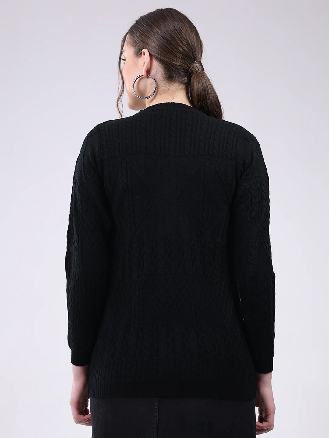 Women Black Self Design Round Neck Full Sleeve Cardigan - Image 5