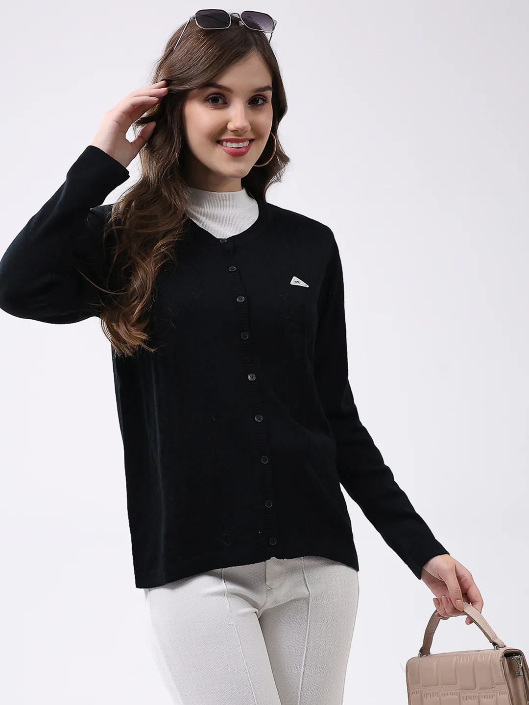 Women Black Self Design Round Neck Full Sleeve Cardigan - Image 6