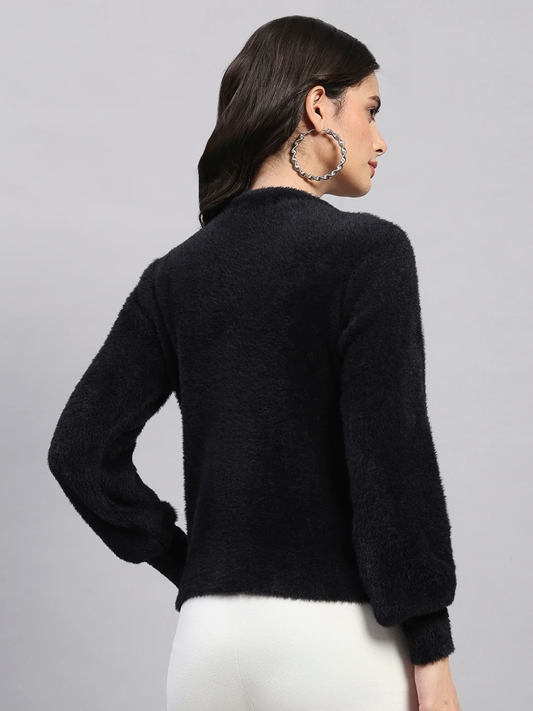 Women Black Self Design Round Neck Full Sleeve Cardigan - Image 5