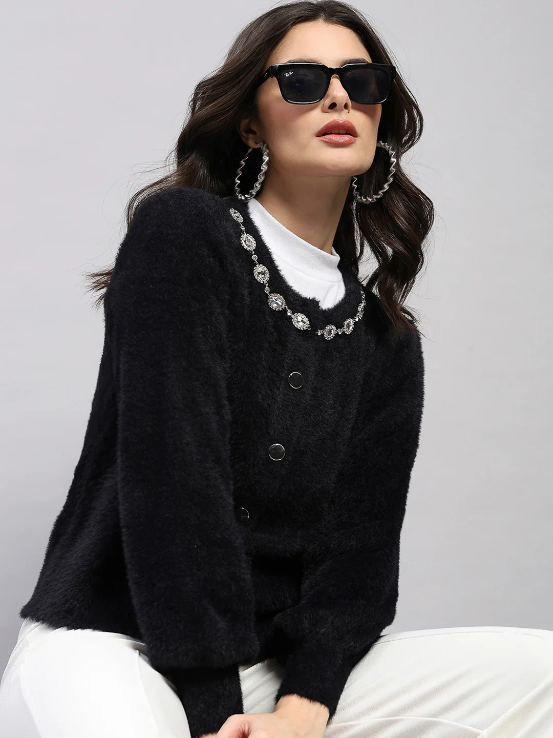 Women Black Self Design Round Neck Full Sleeve Cardigan - Image 6