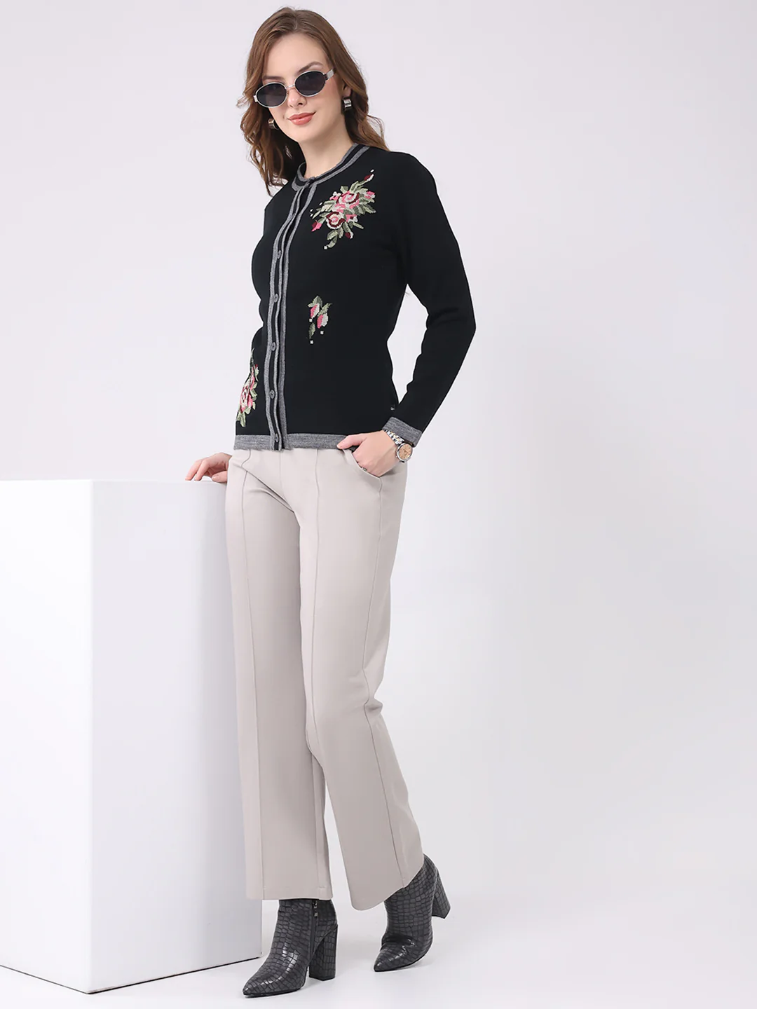 Women Black Self Design Round Neck Full Sleeve Cardigan - Image 2