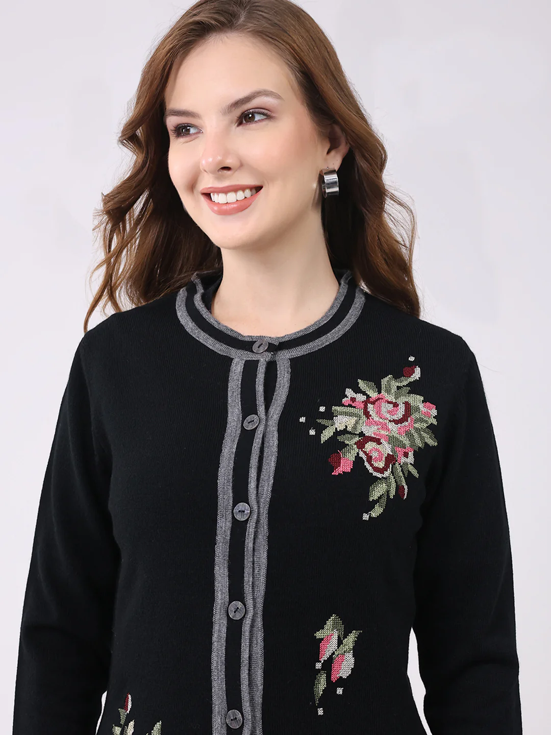 Women Black Self Design Round Neck Full Sleeve Cardigan - Image 7