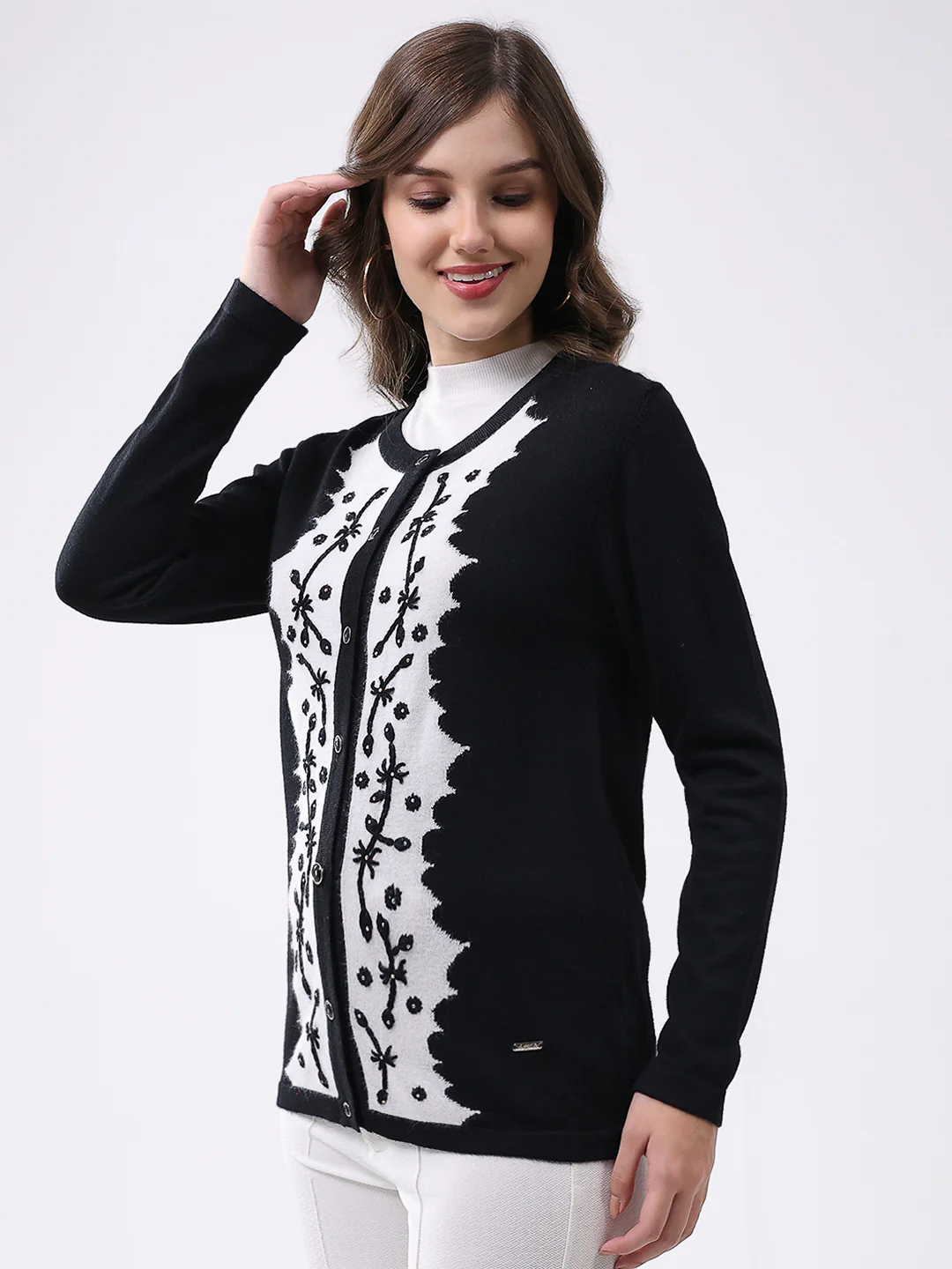 Women Black Self Design Round Neck Full Sleeve Cardigan - Image 3
