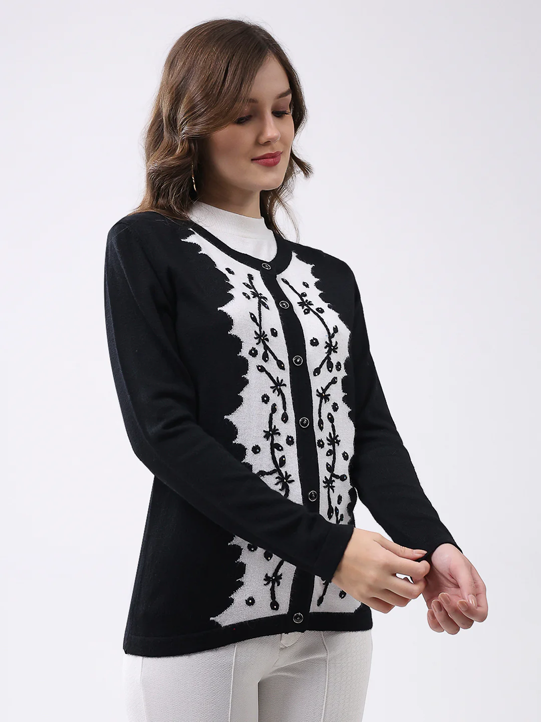Women Black Self Design Round Neck Full Sleeve Cardigan - Image 4