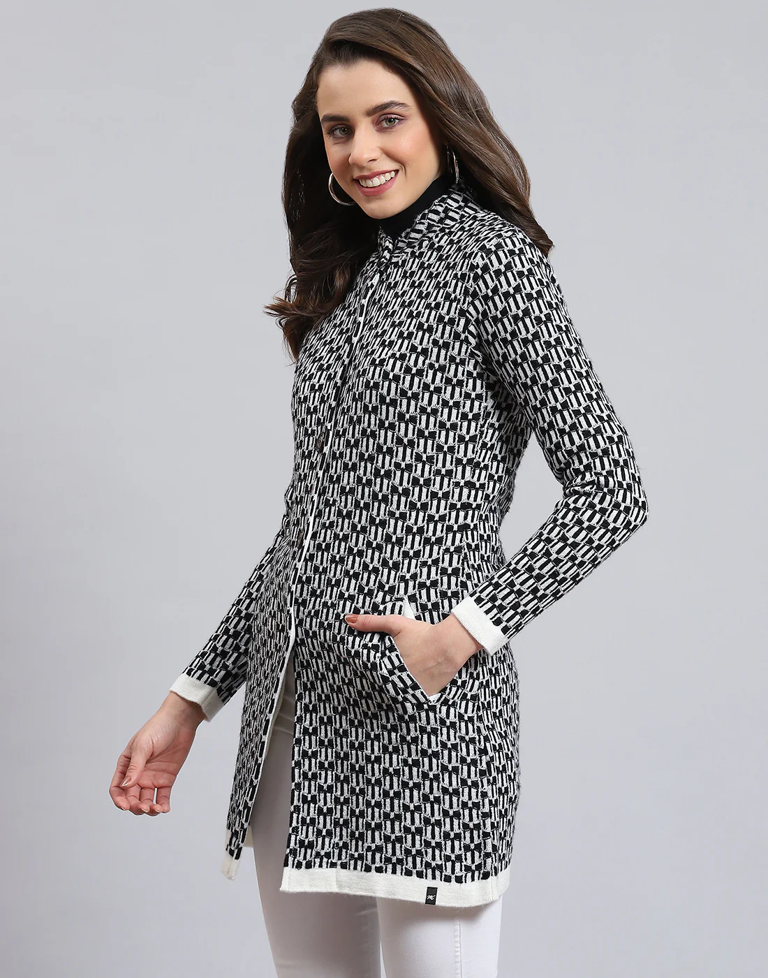 Women Black Self Design Round Neck Full Sleeve Coat - Image 4