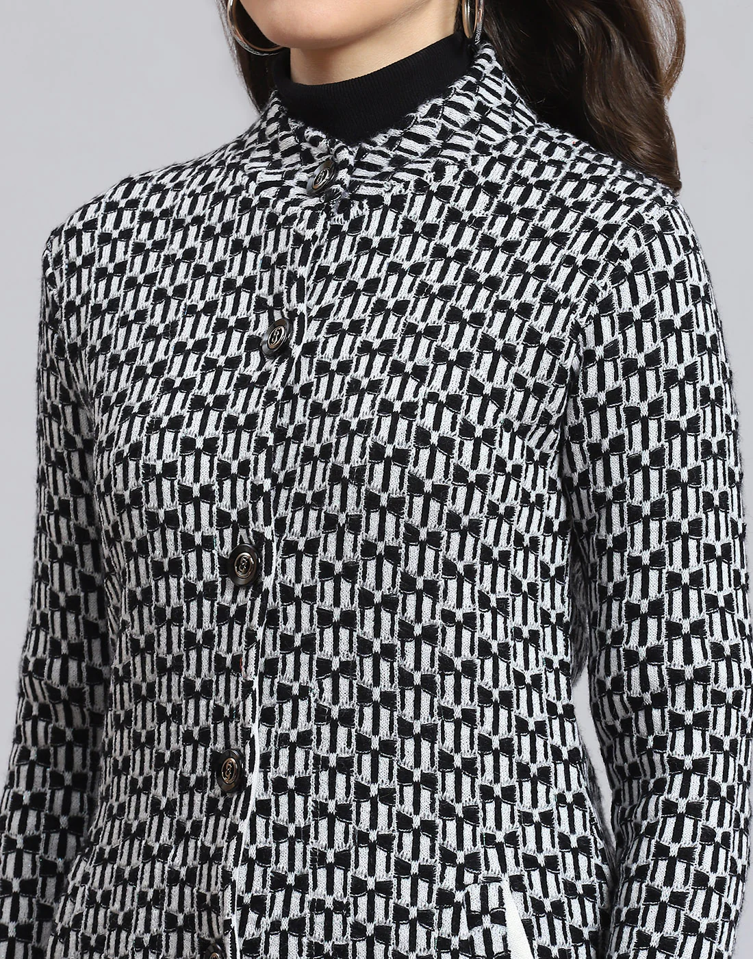 Women Black Self Design Round Neck Full Sleeve Coat - Image 8