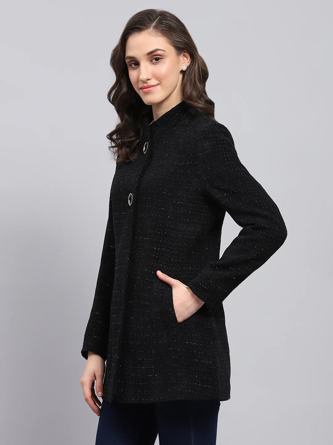 Women Black Self Design Round Neck Full Sleeve Coat - Image 3