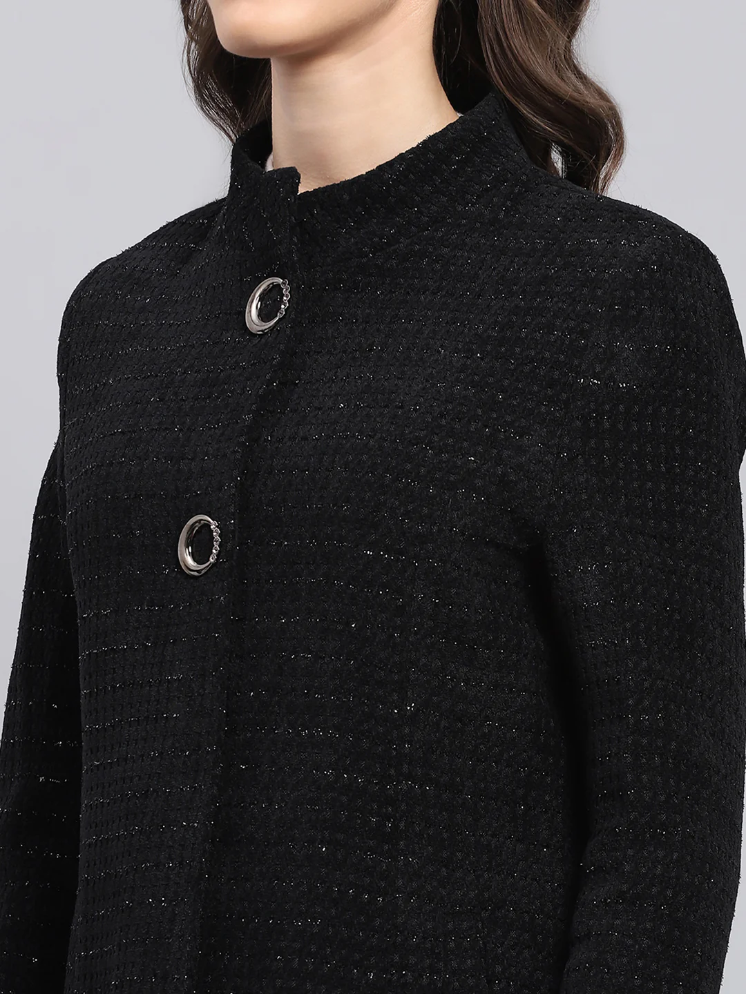 Women Black Self Design Round Neck Full Sleeve Coat - Image 7