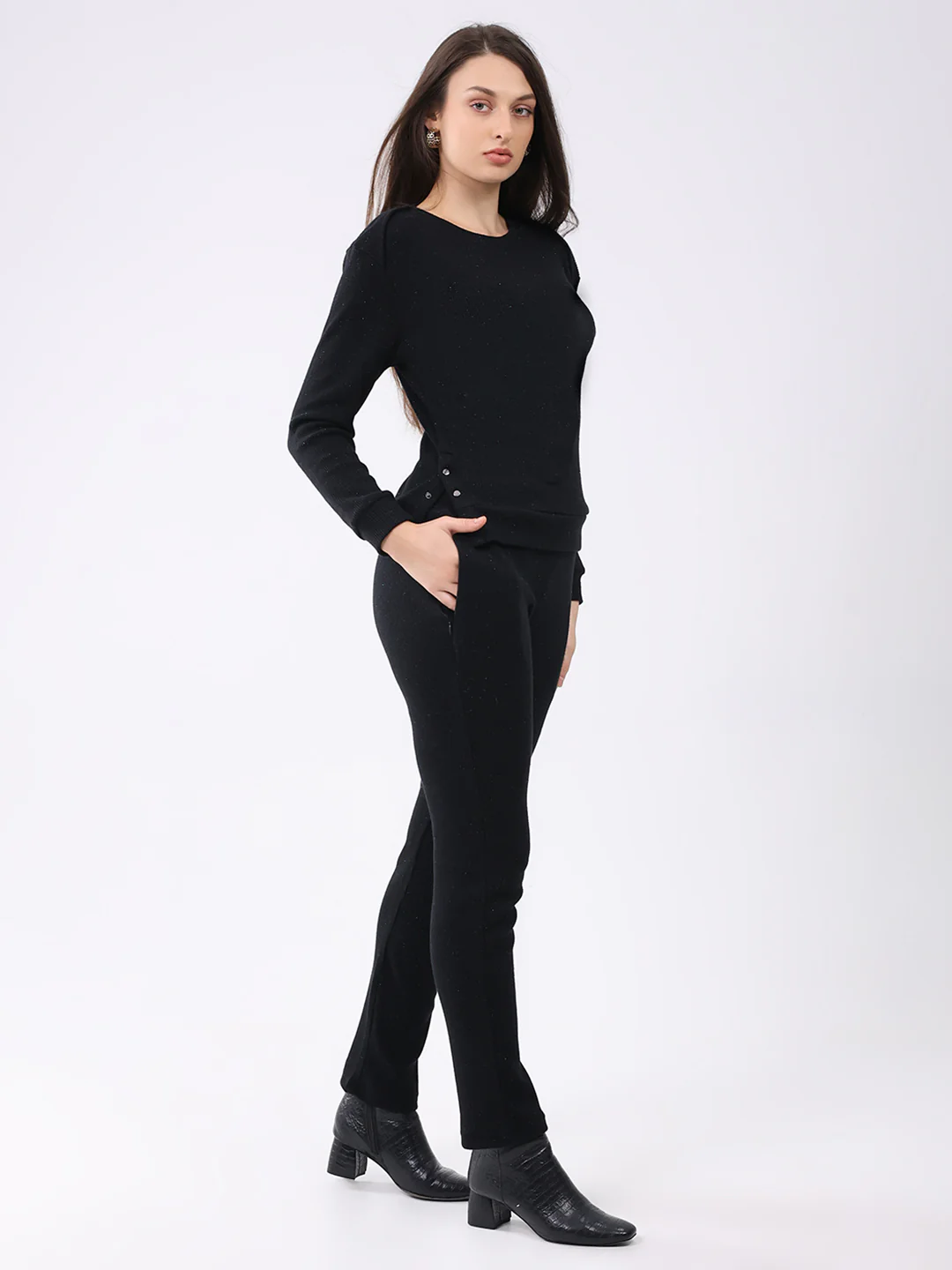 Women Black Self Design Round Neck Full Sleeve Cords Set - Image 5