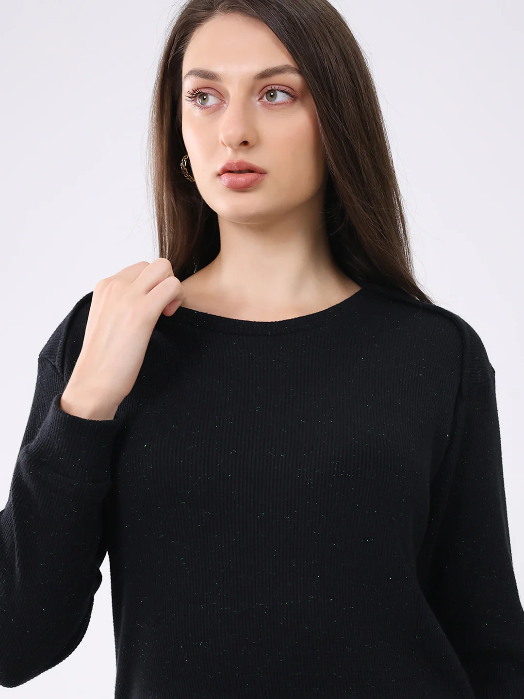 Women Black Self Design Round Neck Full Sleeve Cords Set - Image 7
