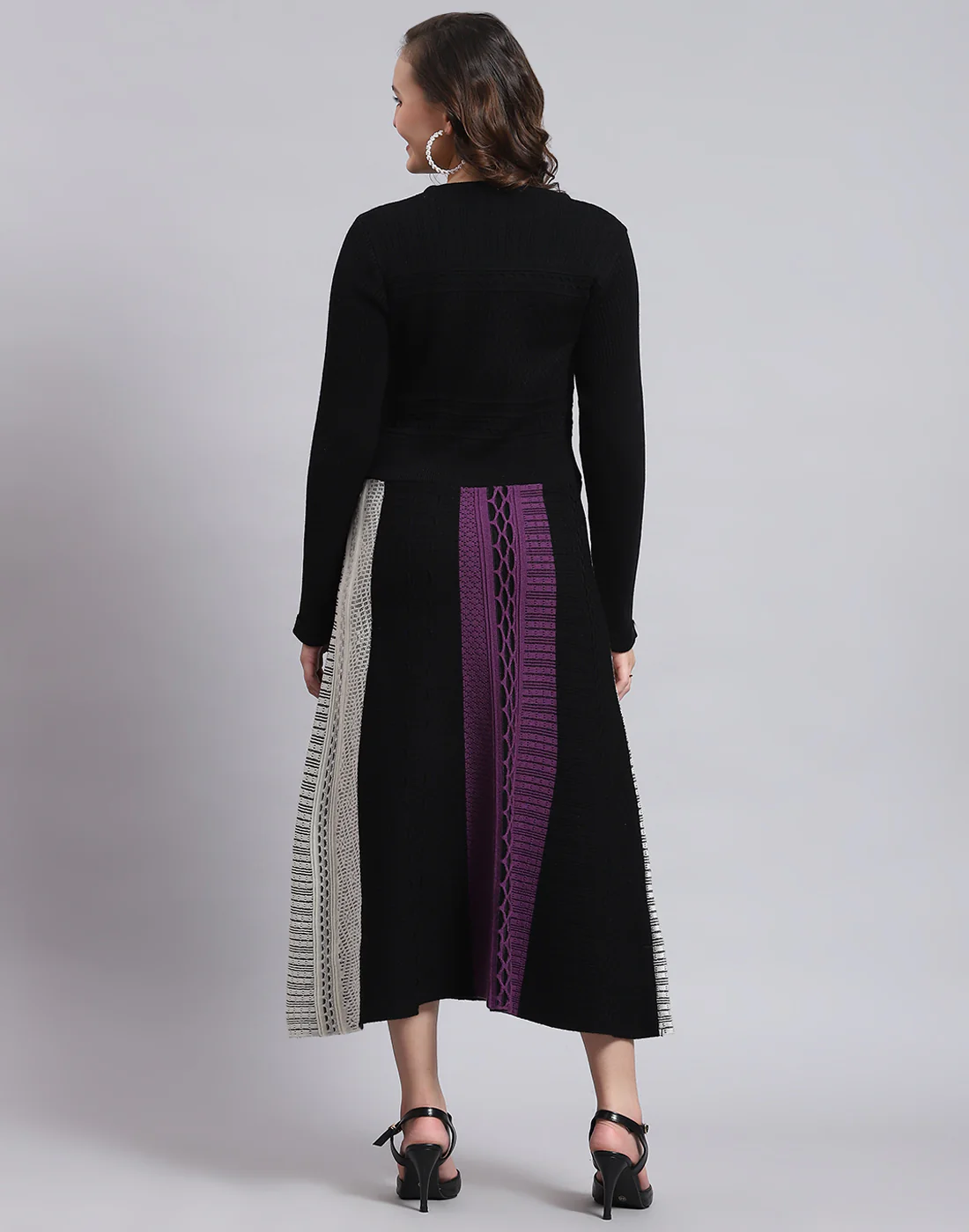 Women Black Self Design Round Neck Full Sleeve Dress - Image 5