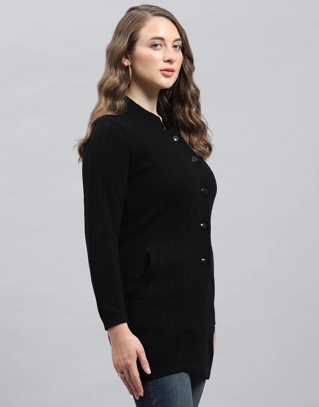 Women Black Self Design Round Neck Full Sleeve Knitted coat - Image 4