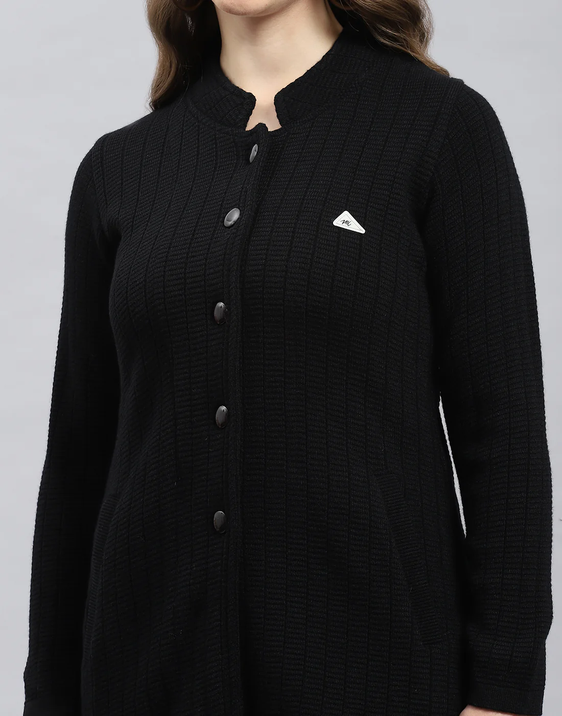 Women Black Self Design Round Neck Full Sleeve Knitted coat - Image 6
