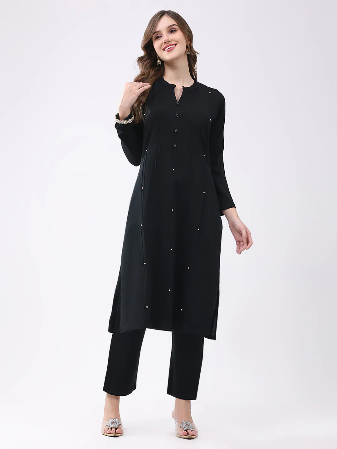 Women Black Self Design Round Neck Full Sleeve Kurti Set for Winter - Image 3