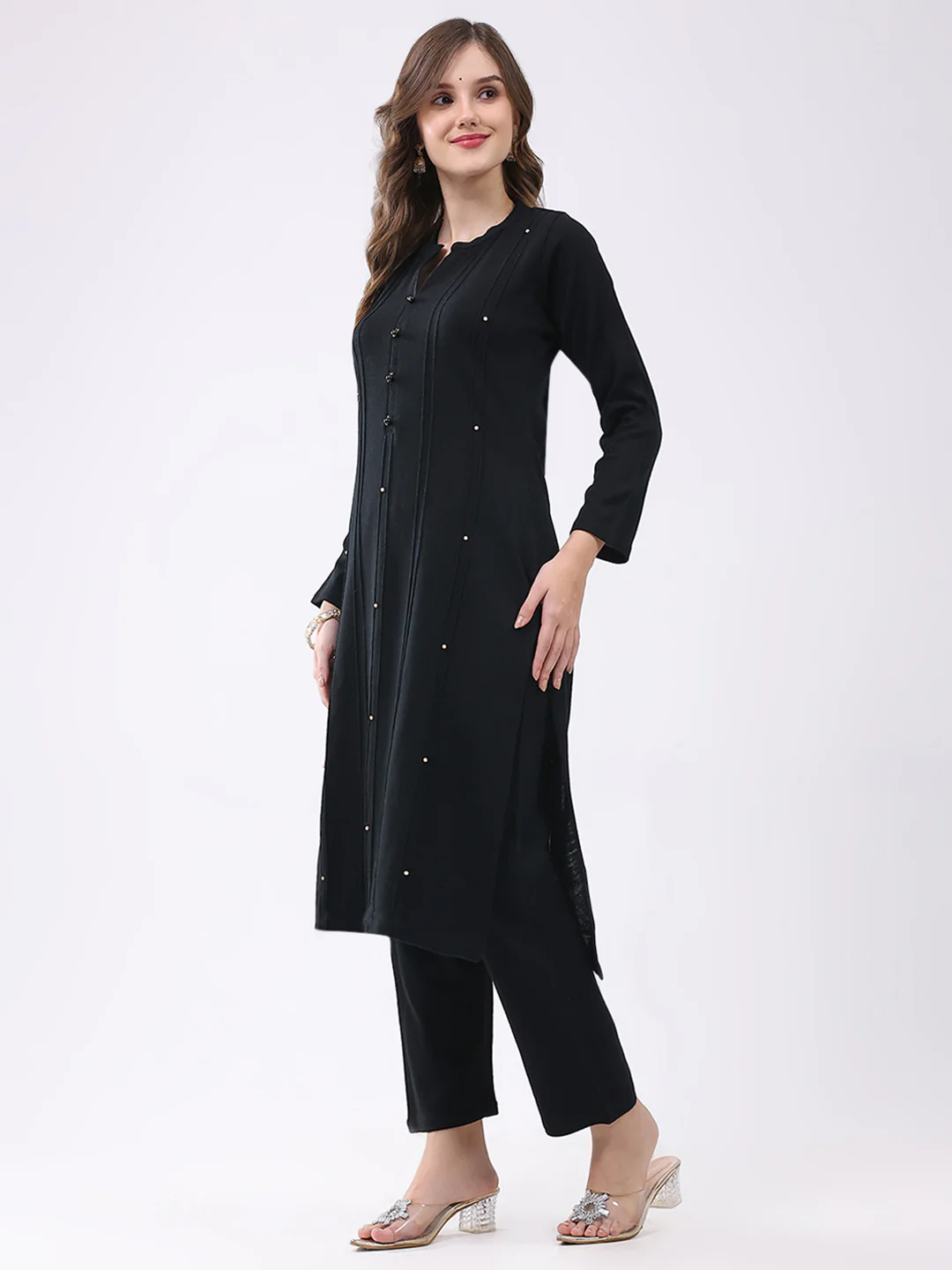 Women Black Self Design Round Neck Full Sleeve Kurti Set for Winter - Image 4