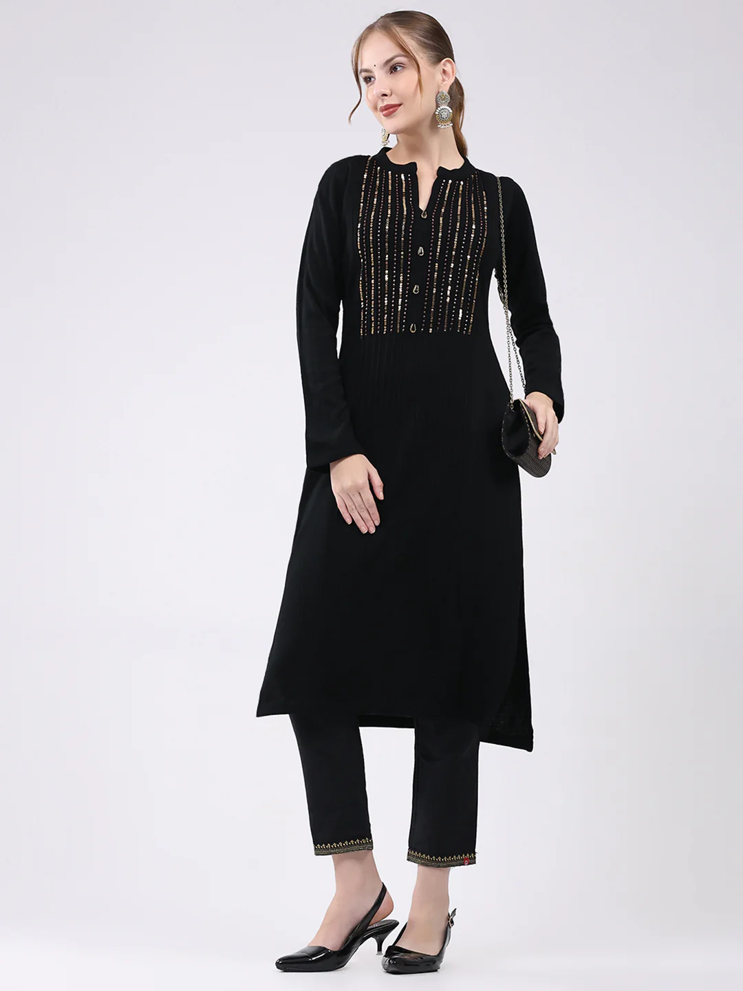 Women Black Self Design Round Neck Full Sleeve Winter Kurti - Image 2