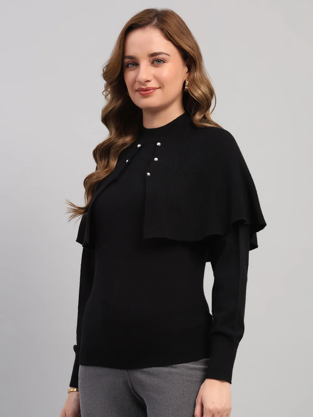 Women Black Self Design Round Neck Full Sleeve Winter Top - Image 3
