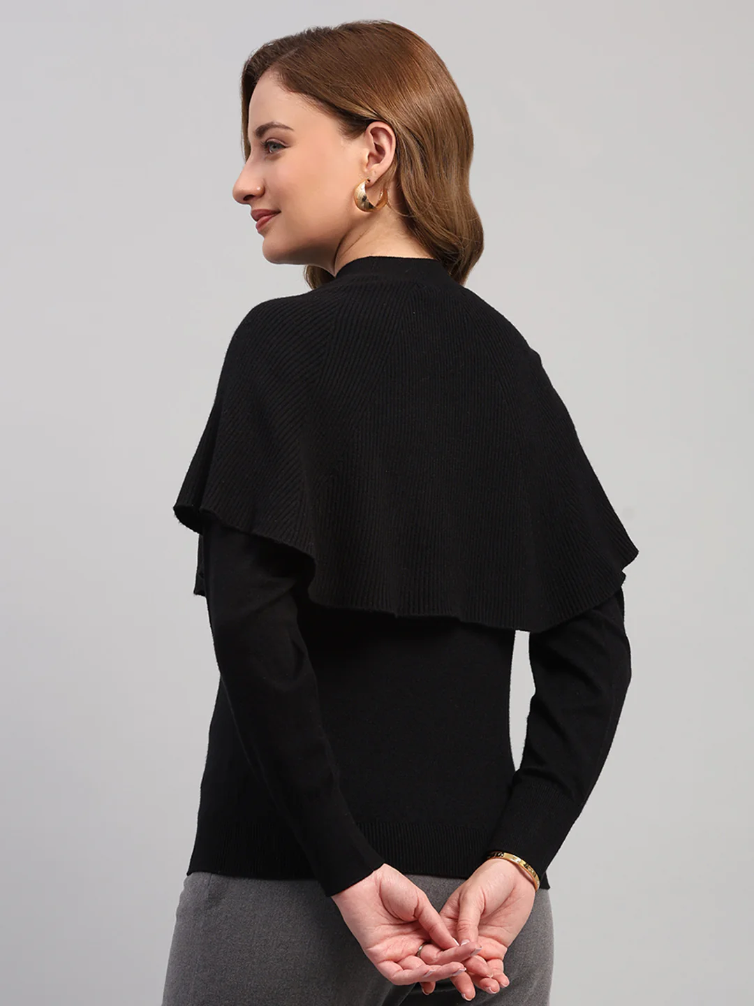 Women Black Self Design Round Neck Full Sleeve Winter Top - Image 5