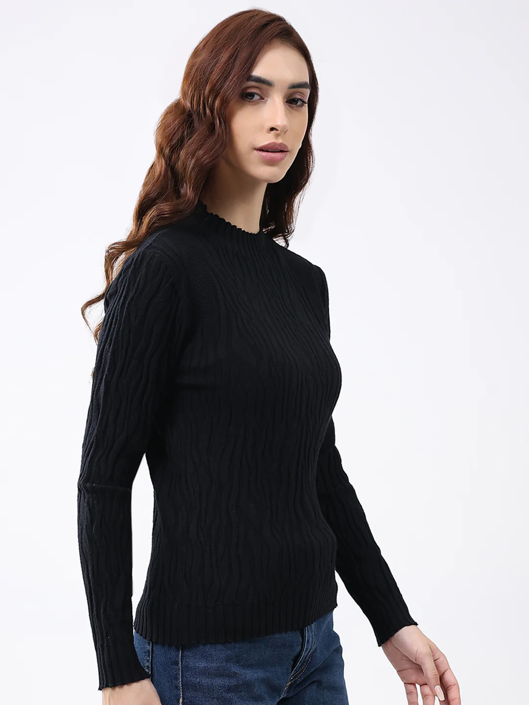 Women Black Self Design Round Neck Full Sleeve Winter Top - Image 4