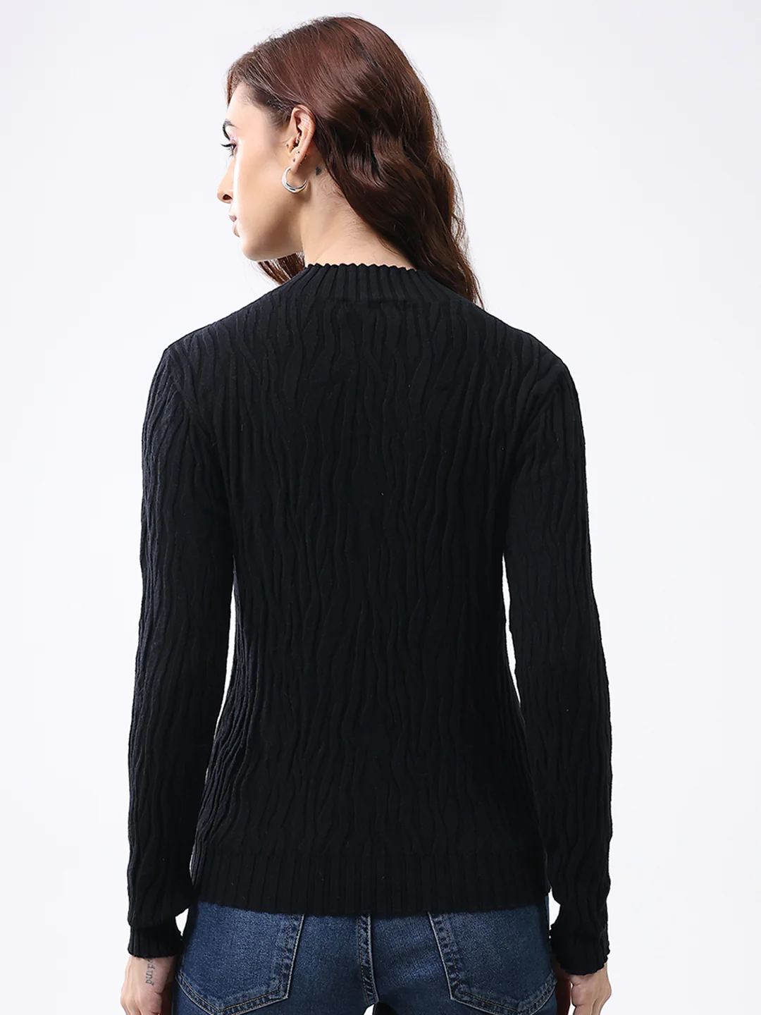 Women Black Self Design Round Neck Full Sleeve Winter Top - Image 5