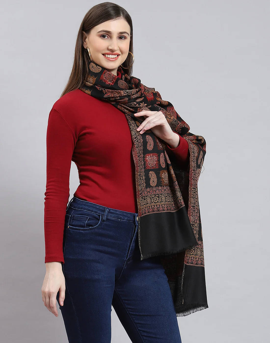 Women Black Self Design Shawl - Image 4