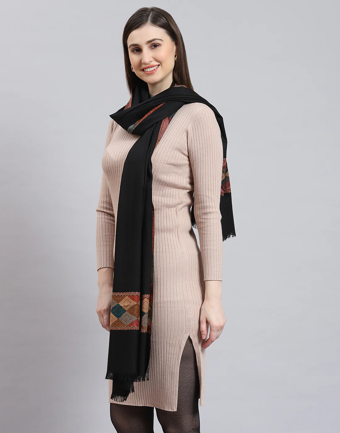 Women Black Self Design Shawl - Image 3