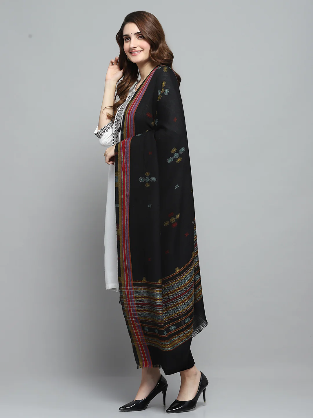 Women Black Self Design Shawl - Image 3