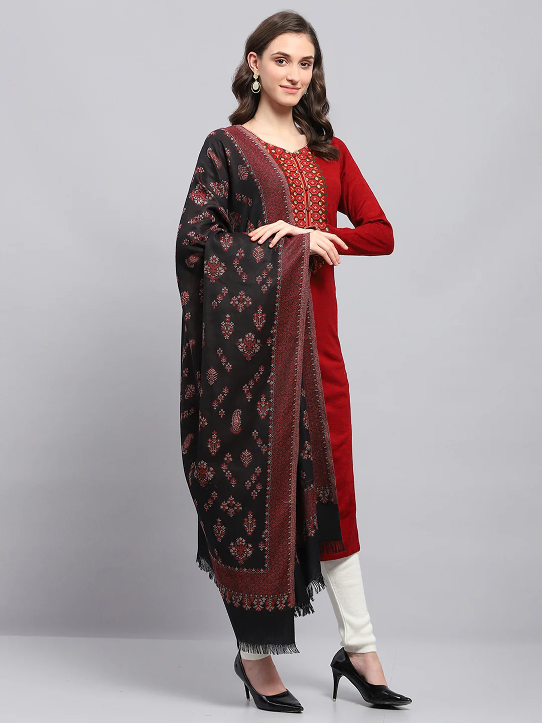 Women Black Self Design Shawl - Image 4