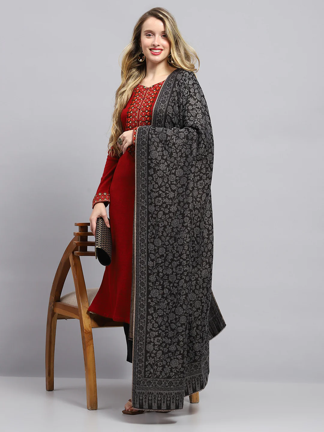 Women Black Self Design Shawl - Image 5