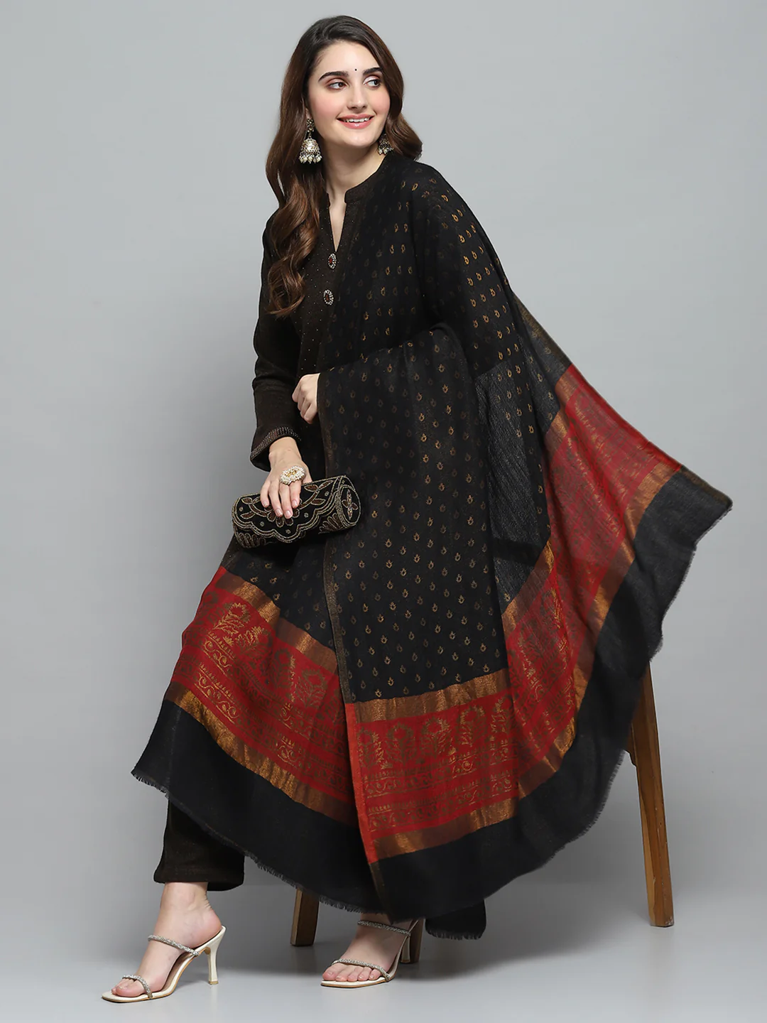Women Black Self Design Shawl - Image 2