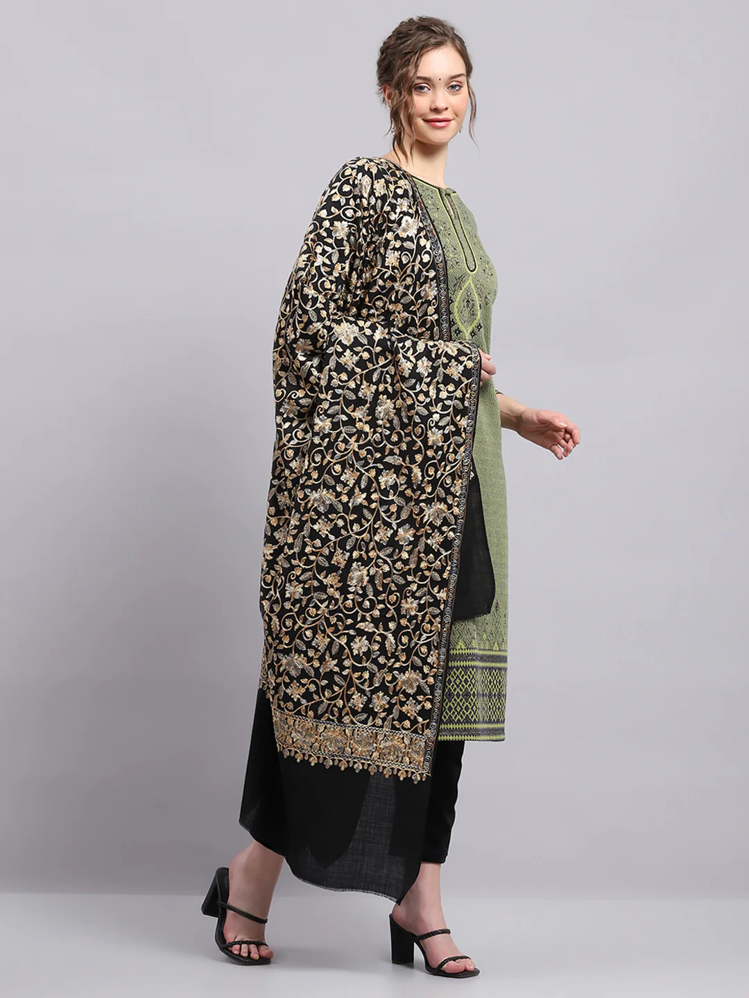 Women Black Self Design Shawl - Image 4