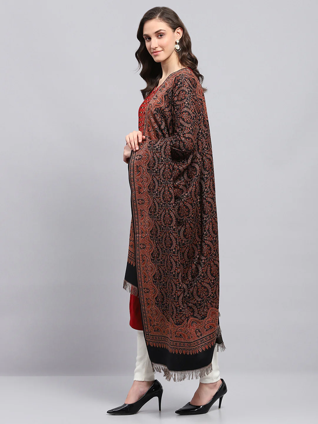 Women Black Self Design Shawl - Image 3