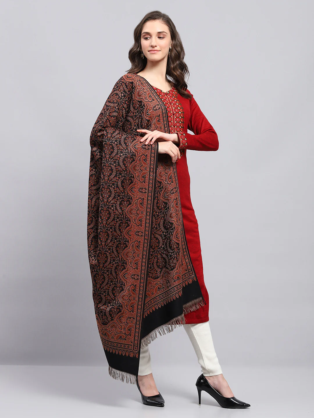 Women Black Self Design Shawl - Image 4