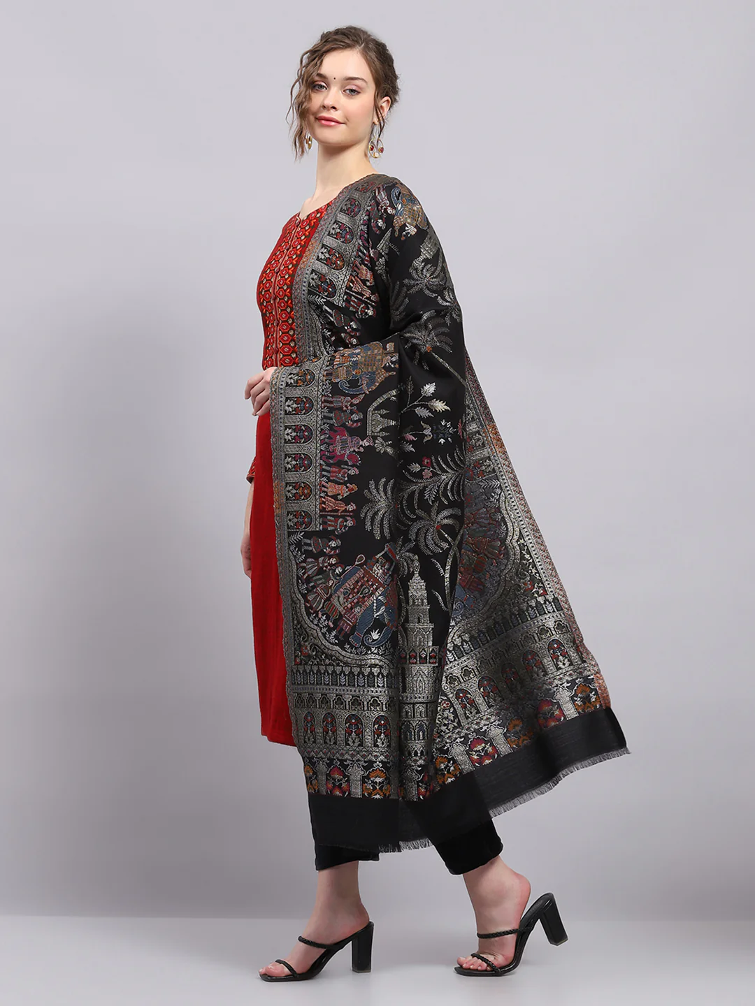 Women Black Self Design Shawl - Image 3