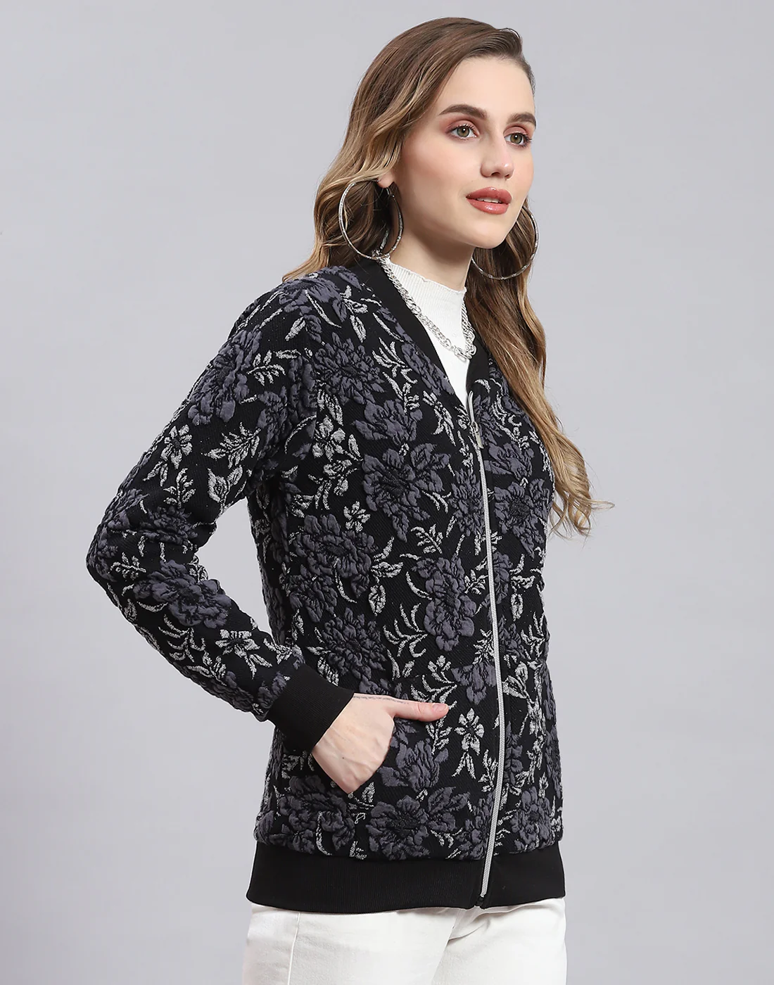 Women Black Self Design Stand Collar Full Sleeve Sweatshirt - Image 4