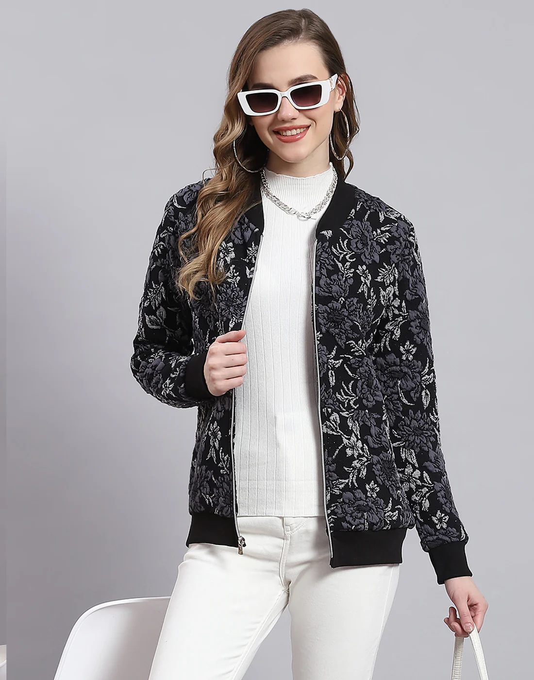 Women Black Self Design Stand Collar Full Sleeve Sweatshirt - Image 6