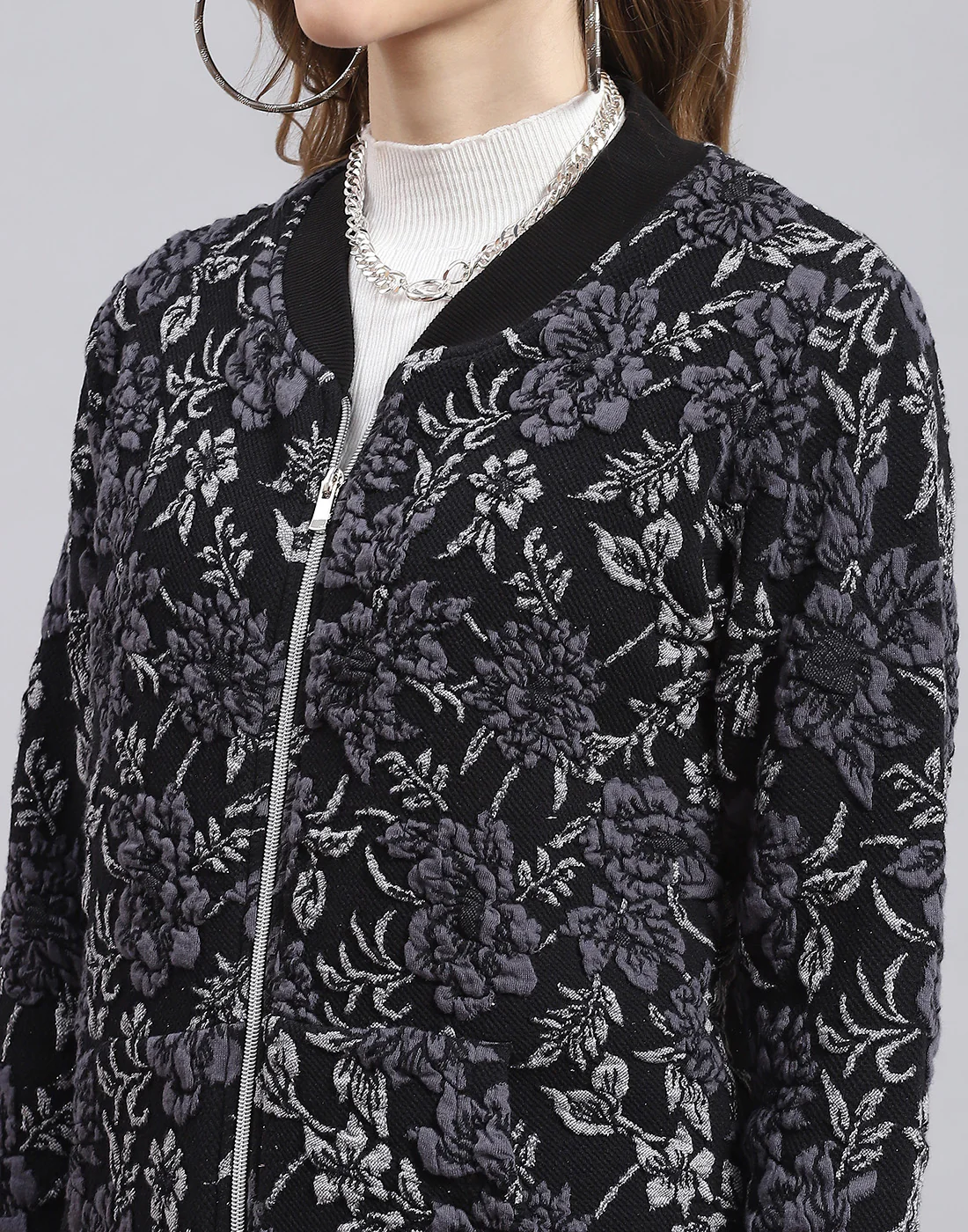 Women Black Self Design Stand Collar Full Sleeve Sweatshirt - Image 7