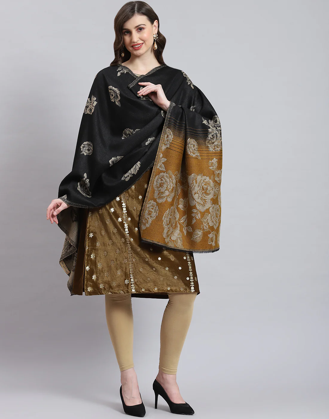 Women Black Self Design Stole - Image 2