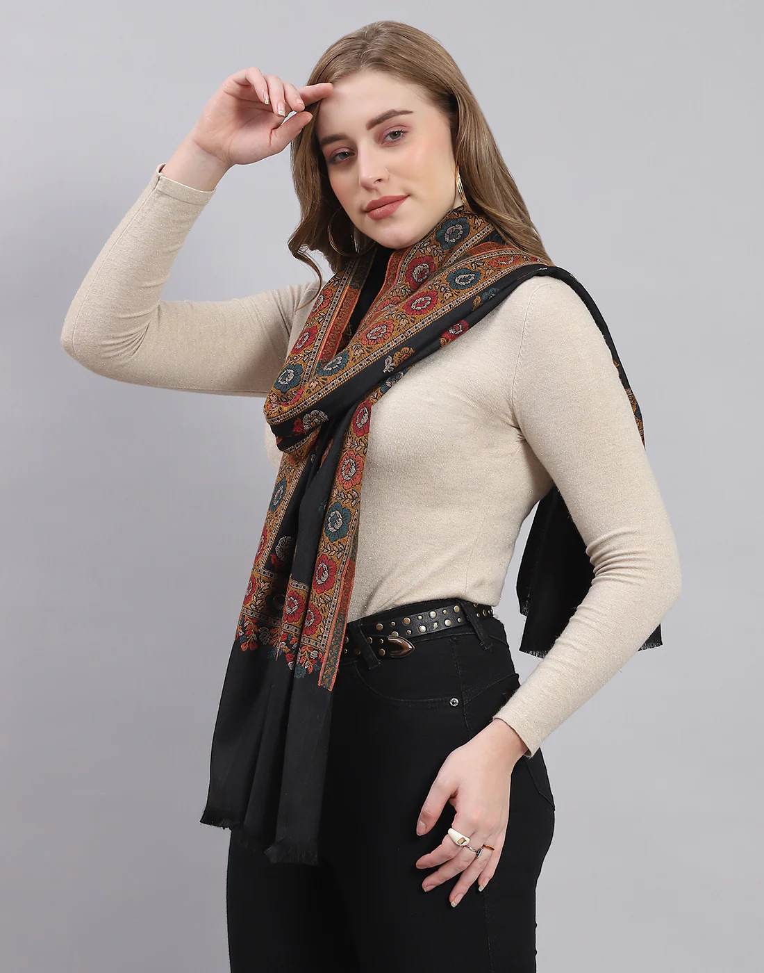 Women Black Self Design Stole - Image 3