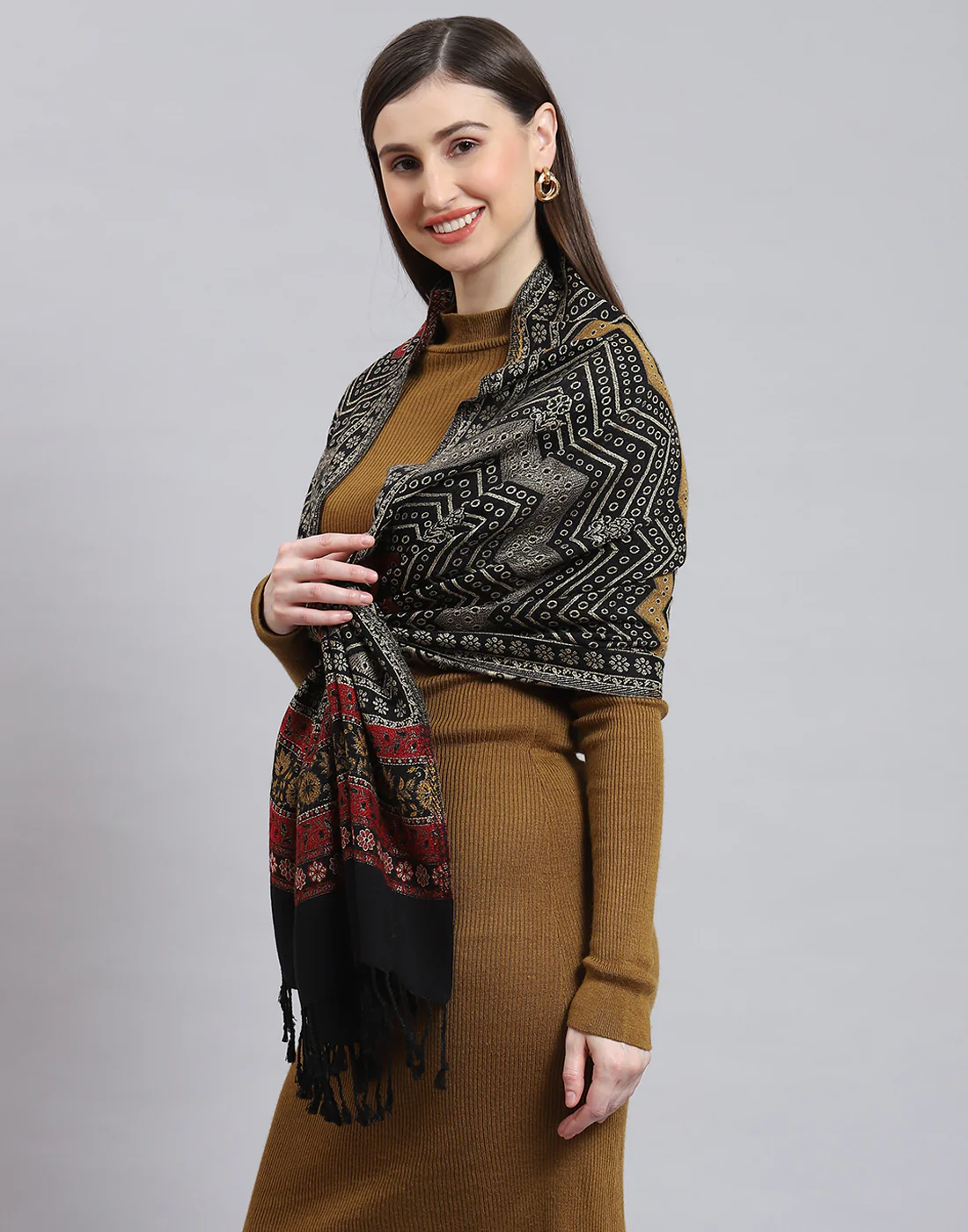 Women Black Self Design Stole - Image 3