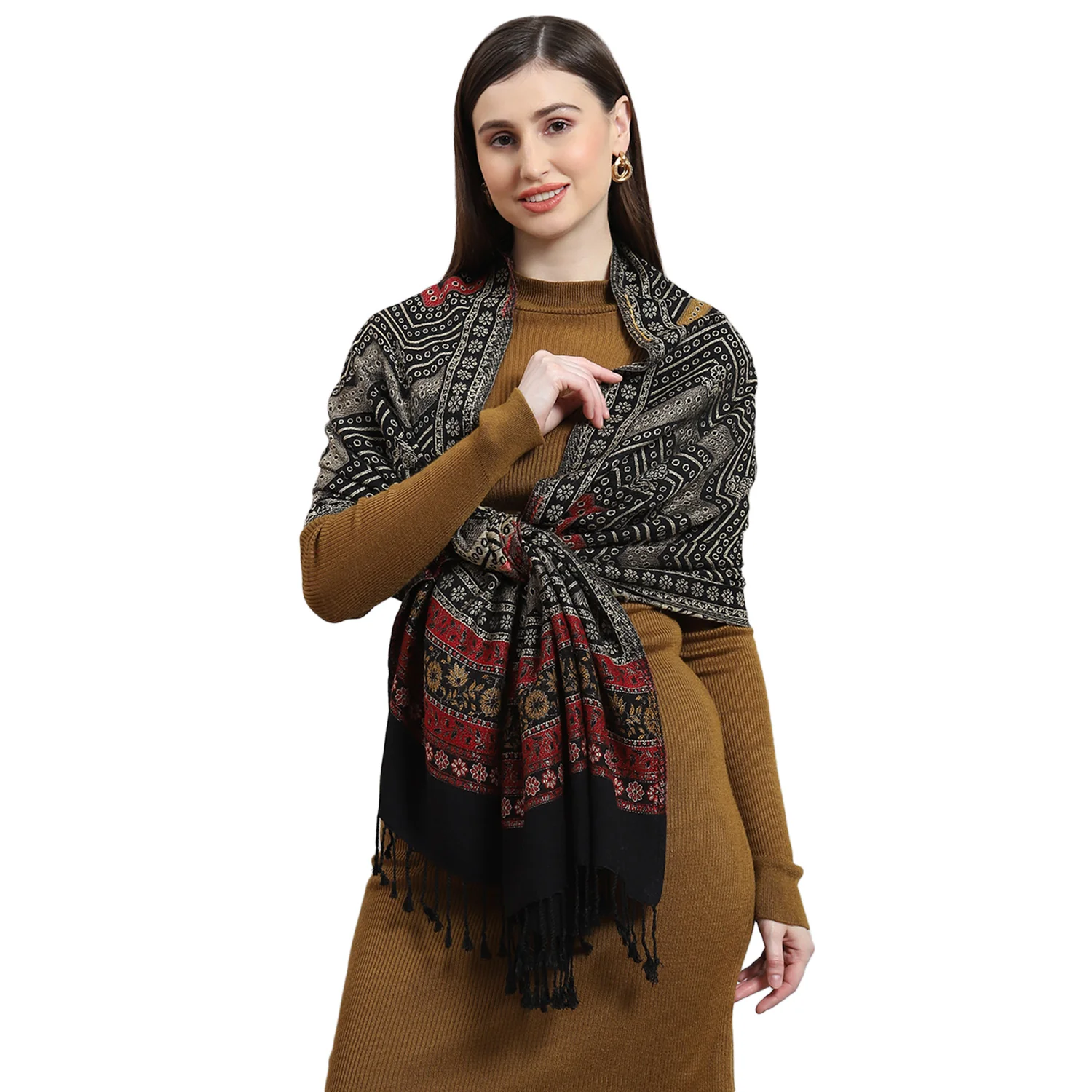 Women Black Self Design Stole - Image 5