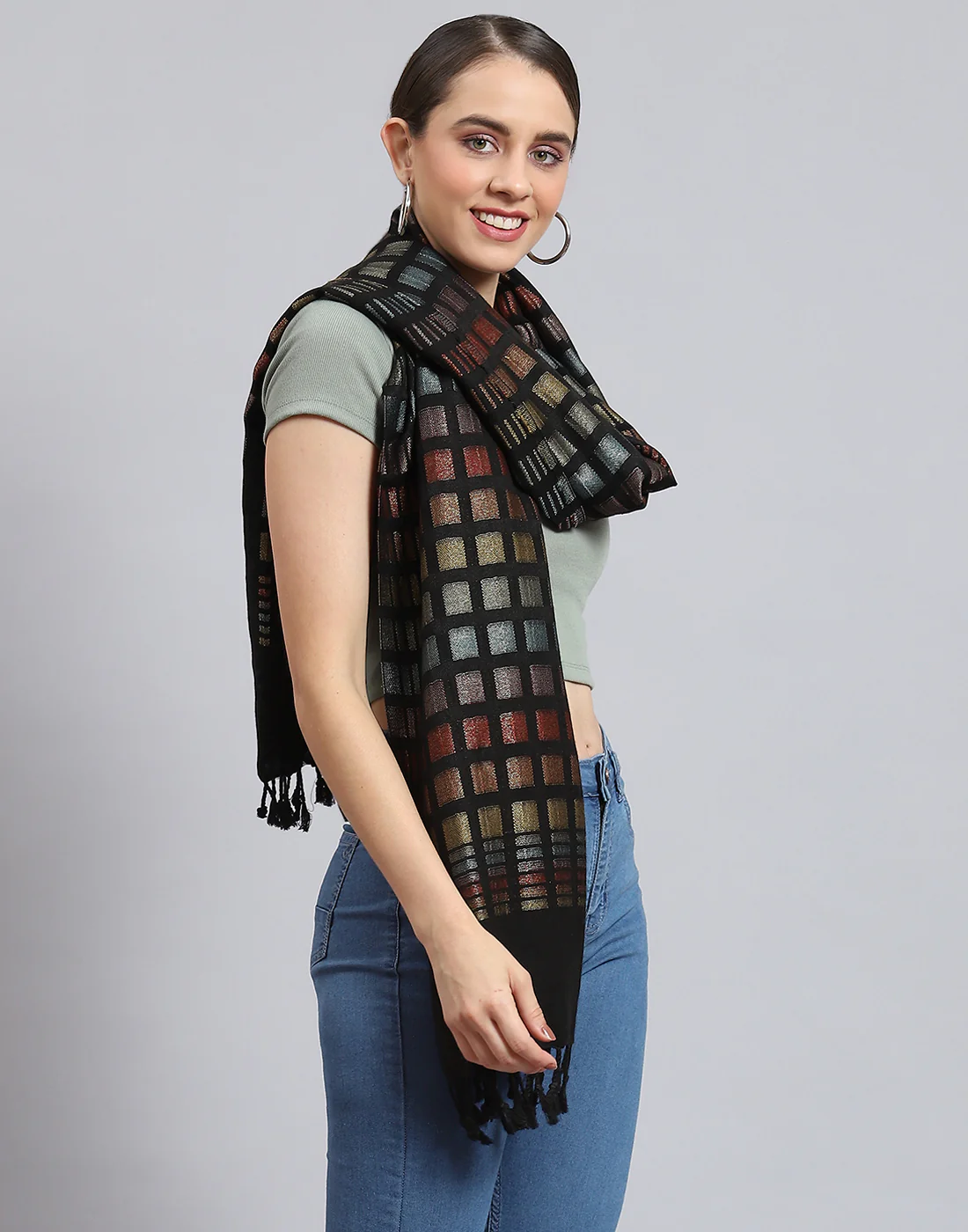 Women Black Self Design Stole - Image 4